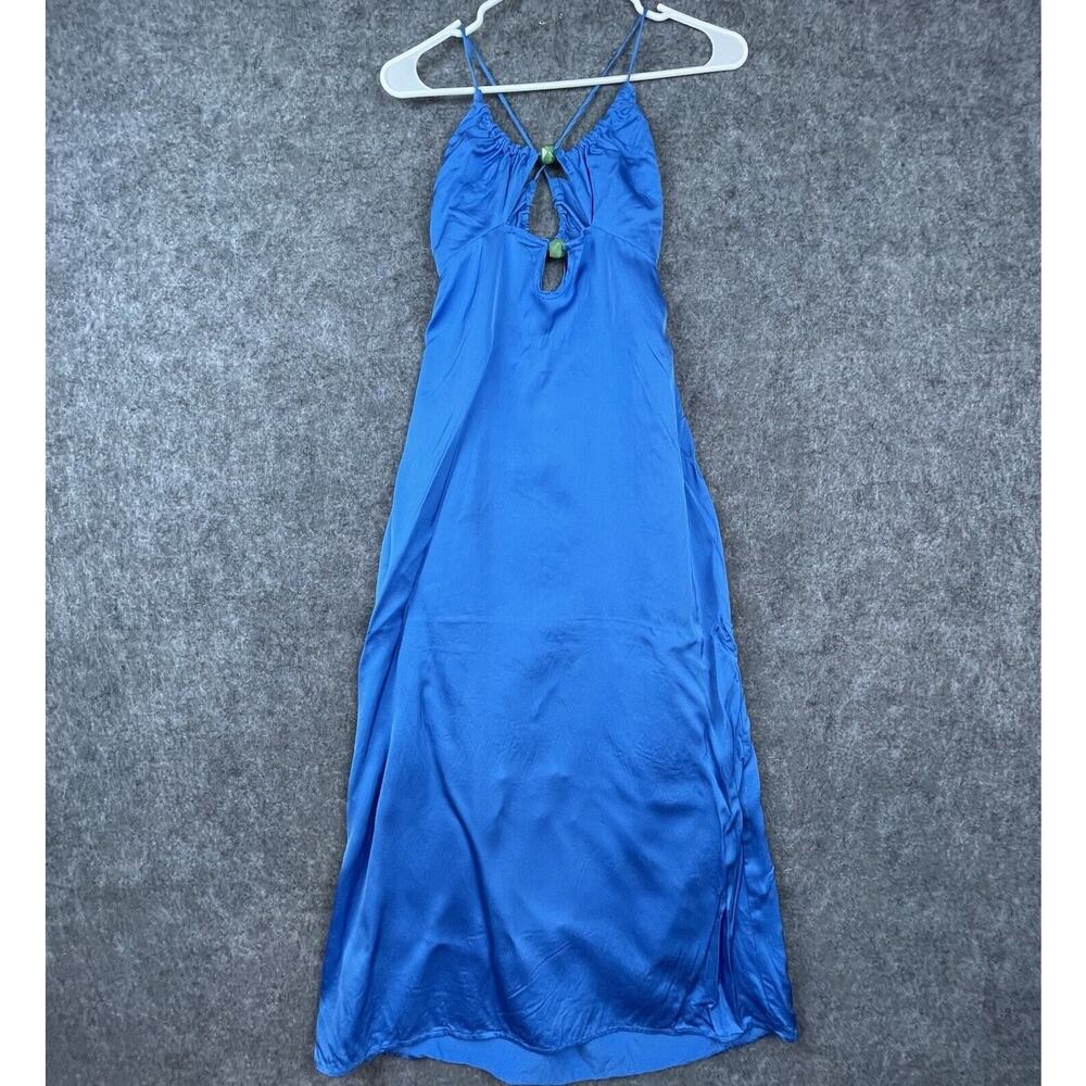 Suboo Dress Womens Medium Blue Satin Strappy Summer Party Jade Bead Maxi